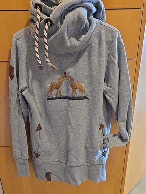 Naketano Light Gray Hoodie with Embroidered Deer XL